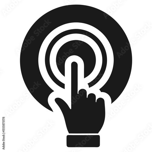 Hand pressing circular touchpoint, bold visual for touchscreen interaction guides, digital access signage black and white icon on white background.