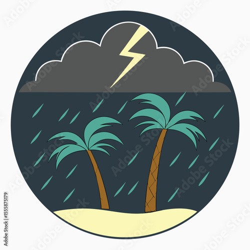Stormy Tropical Scene with Palm Trees and Lightning