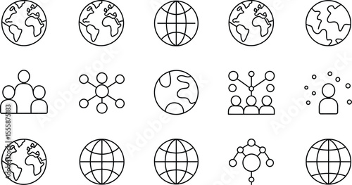 A collection of black and white line drawings of globes and networking icons on a white backdrop