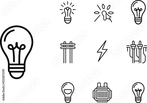 A collection of line art icons depicting electricity and light bulbs on a light background