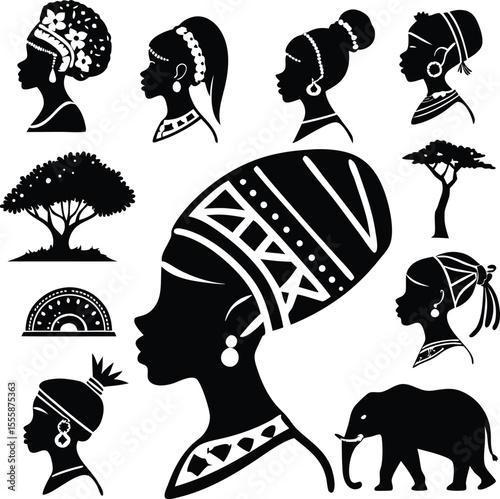 Silhouettes of African Women with Headdresses Trees and Elephant in Black and White