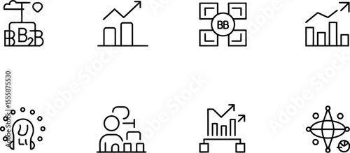 Eight business icons including charts, graphs, b to b, and a person with thought bubbles
