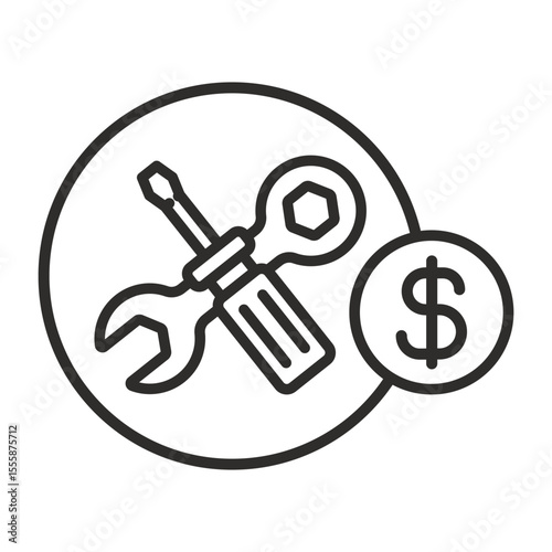 Cost of repair icon. Linear vector illustration. Repair work price. Screwdriver wrench and dollar coin. Simple symbols. Pay for service.