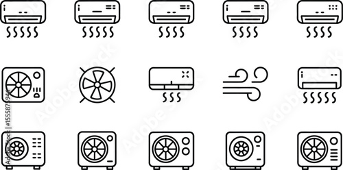 Collection of air conditioner and fan icons in black outline on a white background design