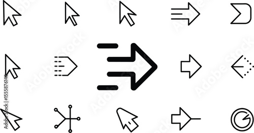 A collection of various arrow and cursor icons in black outline on a light gray background