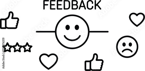 Feedback text with smiley face, heart, thumbs up, stars, and sad face vector icons set