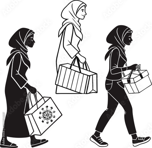 Illustrations of Muslim women in hijab carrying shopping bags in various styles