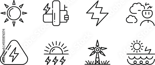 A collection of eight different black and white line drawing icons on a white background