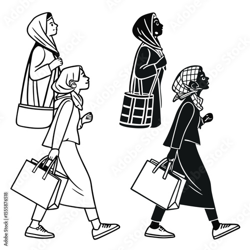 Line Art Illustration of Women Shopping with Bags and Head Scarves