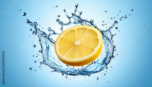 Action shot of a lemon slice captured in the moment it drops into clear water