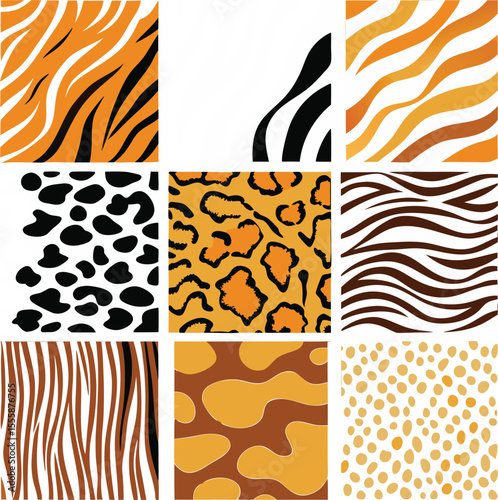 Collection of nine different animal print patterns in various colors