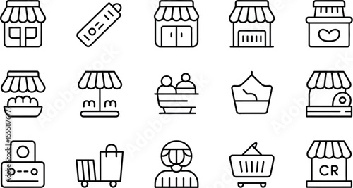 Collection of shopping and commerce icons in outline style on a white background view