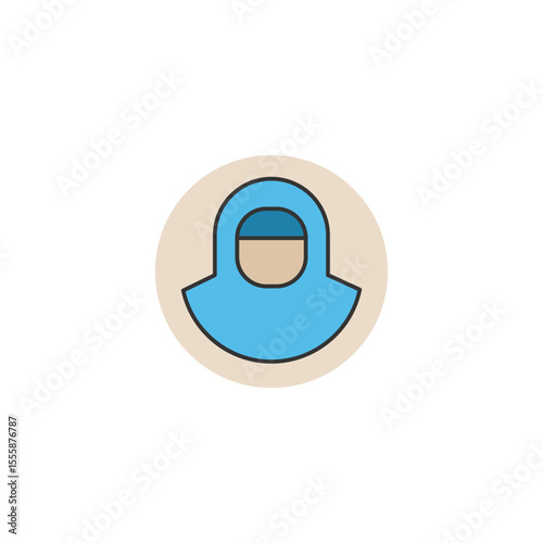 Flat illustration of a woman in hijab with full color, inside a circle. Simple, modern, and elegant style for various creative uses.
