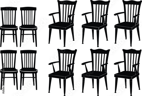 Silhouetted Set of Chairs with and without Arms in Black