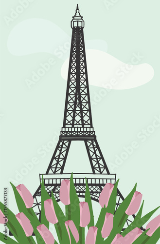 Hand drawn Eiffel Tower with tulips on the clouds background