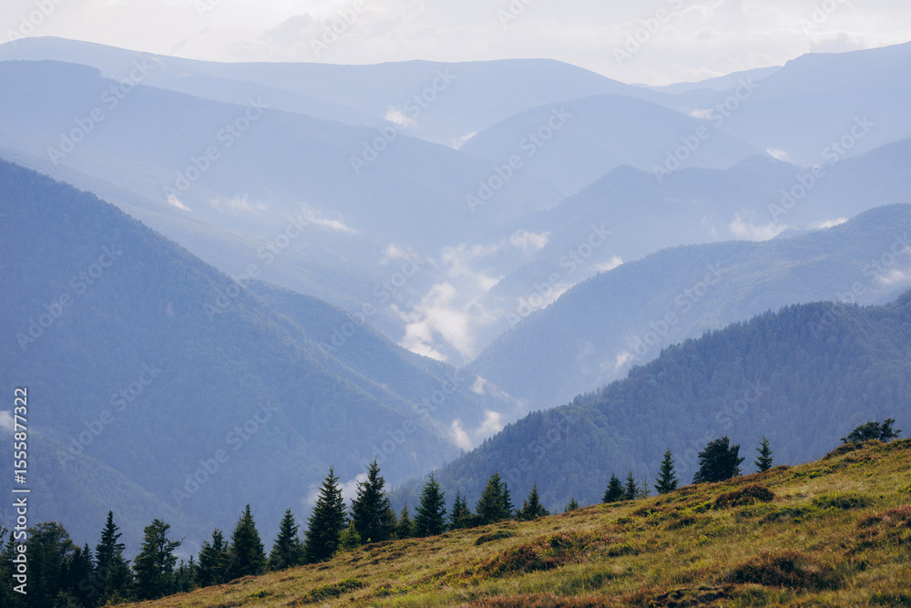 Fototapeta premium The Carpathian Mountains in Romania are a majestic mountain range, rich in wildlife, forests, and breathtaking landscapes.