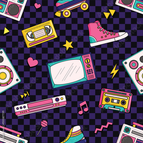 Seamless pattern background design, computer, tape, tv, casette, skateboard, brush, roller shoes, white, abstract, grunge, independence, vector art illustration design