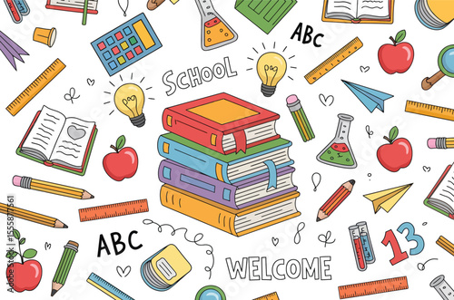 Colorful school supplies and learning objects books
