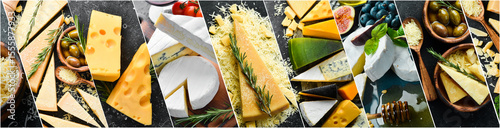 Collage. Different types of cheeses on black board. Assortment of cheeses: Parmesan, Brie cheese, Camembert, blue cheese.