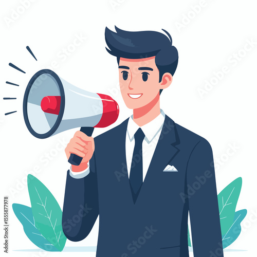 vector image of a person using a megaphone to present information on a white background