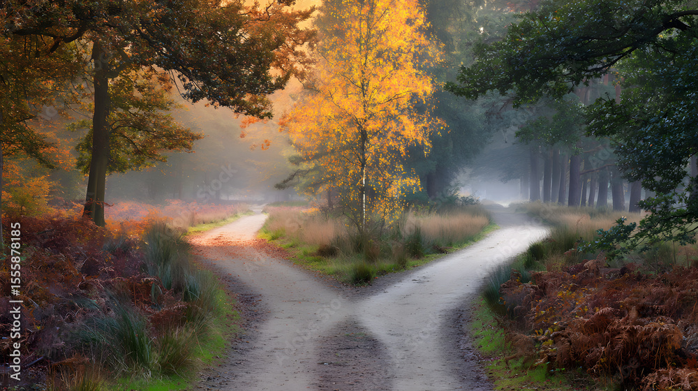 A forked road through golden autumn woods, symbolizing life's choices in nature's quiet embrace. A forked road through golden autumn woods, symbolizing life's choices in nature's quiet embrace.