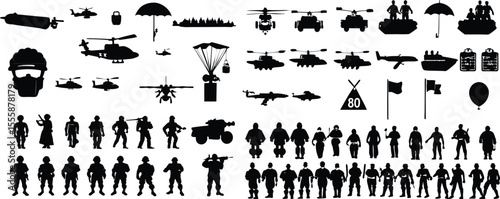 Military and Civilian Silhouettes Soldiers Helicopters Aircraft and Various Objects in Black