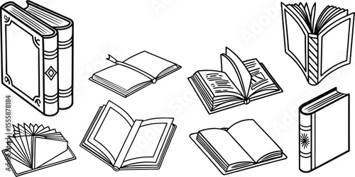 Black and white outline drawing of various books in different positions