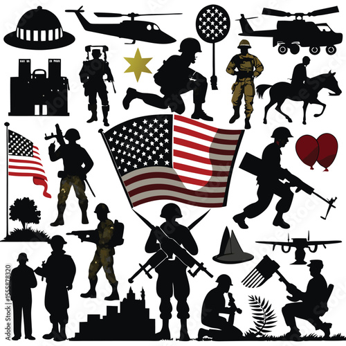 Collection of Military Silhouettes with American Flags and Various Military Equipment