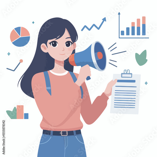 vector image of a person using a megaphone to present information on a white background