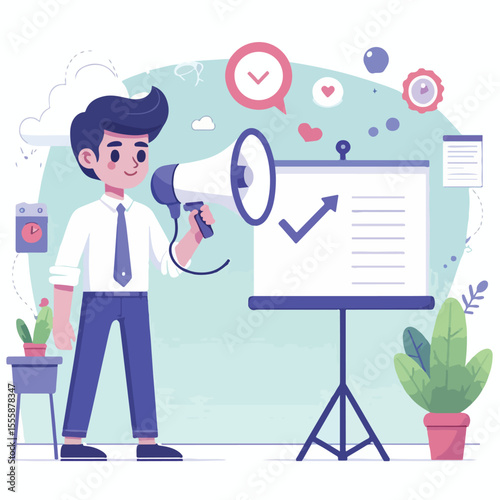 vector image of a person using a megaphone to present information on a white background