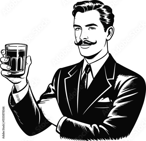 Man with mustache holding glass of dark liquid in suit black and white