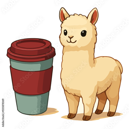 Cute cartoon llama standing next to a coffee cup illustration  