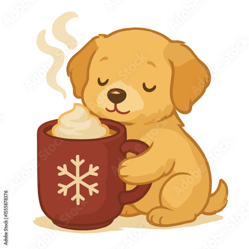 Cute puppy enjoying warm drink from mug with snowflake design  