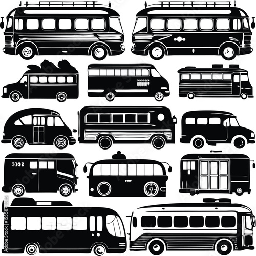Collection of Black and White Bus and Van Silhouette Vector Illustrations