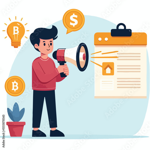 vector image of a person using a megaphone to present information on a white background