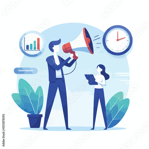 vector image of a person using a megaphone to present information on a white background