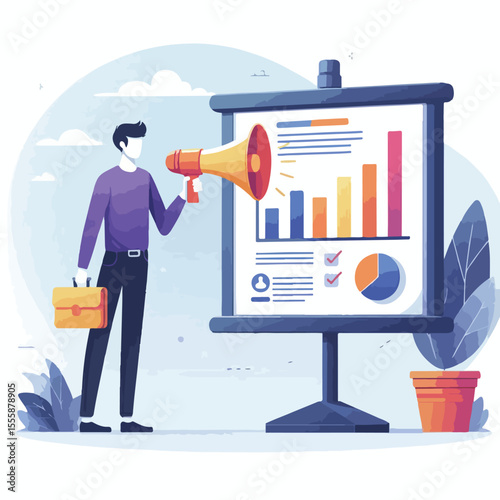 vector image of a person using a megaphone to present information on a white background
