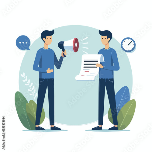vector image of a person using a megaphone to present information on a white background