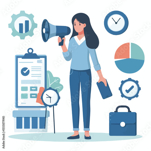 vector image of a person using a megaphone to present information on a white background