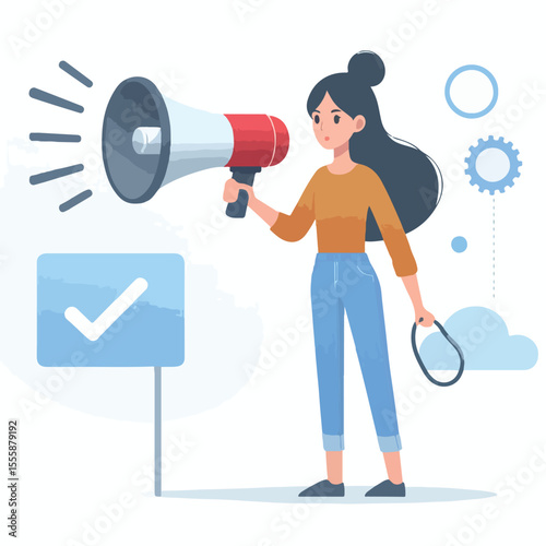 vector image of a person using a megaphone to present information on a white background
