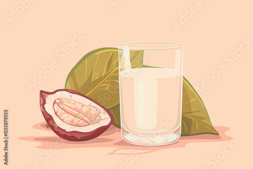 Vector illustration of cacao water in a glass and half of cacao fruit  with palm leaves on a peach backdrop