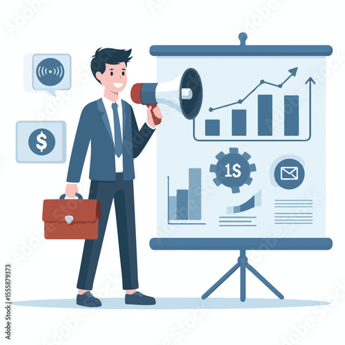 vector image of a person using a megaphone to present information on a white background