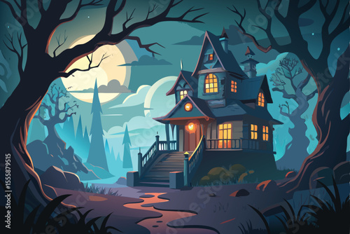 A captivating illustration of a vintage-style haunted house nestled within a dark, misty forest at night.