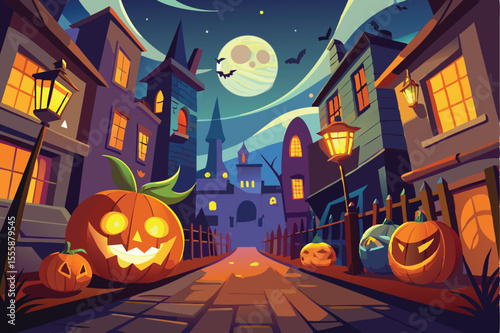 A charming, animated illustration of a Halloween night scene.