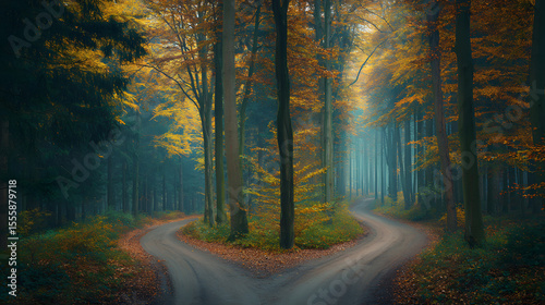 A forked road through golden autumn woods, symbolizing life's choices in nature's quiet embrace.