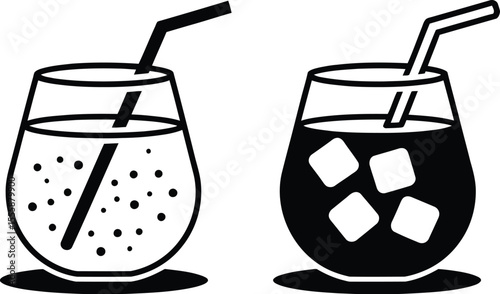 Two stylized glasses of drinks with straws and ice cubes illustration