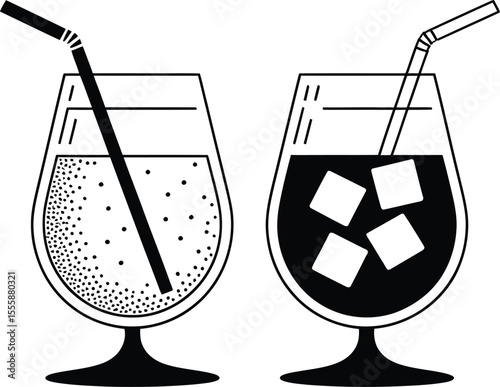 Two glasses with drinks and straws in black and white illustration style