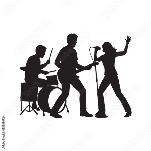 Live Music Band Performance Silhouette Singer, Guitarist, and Drummer Vector Art