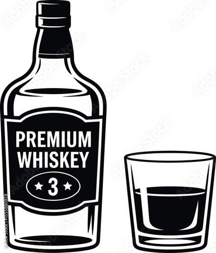 Illustration of a whiskey bottle and glass with premium whiskey label