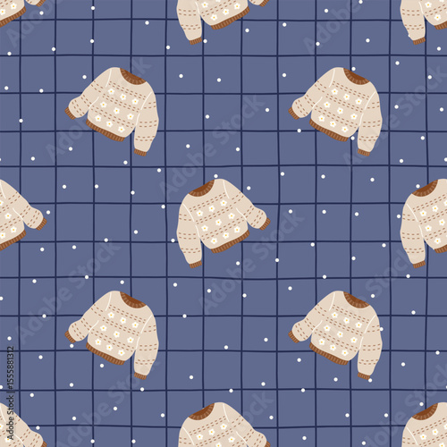 Seamless vector pattern Knitted homewear, sweater and wool accessories in a soft, autumn-themed pattern. Perfect for hygge-inspired fabric, wallpaper, textile prints